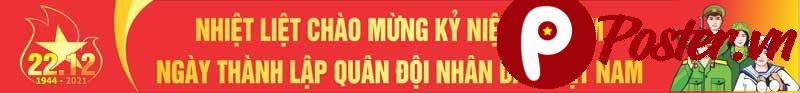 Banner kỷ niệm 77 năm Ngày Thành lập Quân đội Nhân dân Việt Nam 22/12/1944-2021 với ngôi sao vàng, ngọn lửa và hình ảnh các quân nhân.