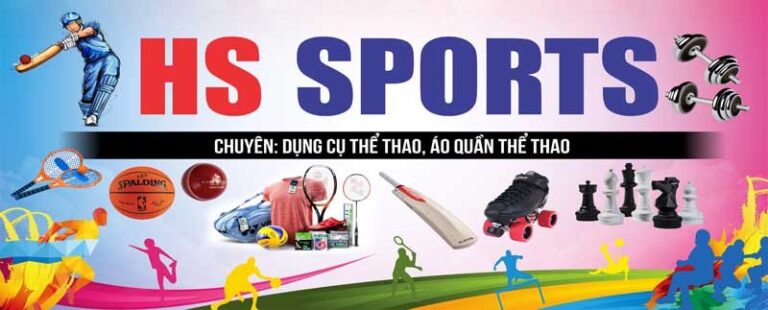 Banner quảng cáo HS SPORTS năng động với đa dạng dụng cụ thể thao và hình ảnh vận động viên