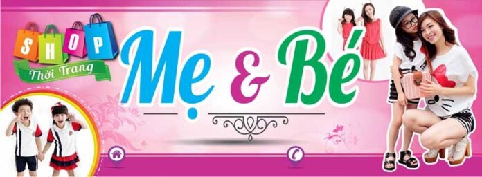 Banner quảng cáo mẹ và bé thời trang tươi sáng với hình ảnh mẹ, bé và túi mua sắm SHOP trên nền hồng tím