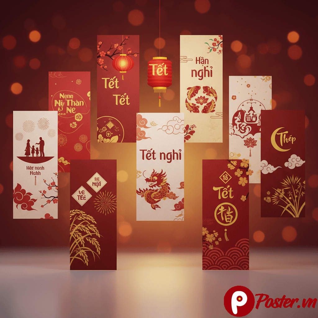 Bộ sưu tập banner nghỉ Tết 2026 với hình ảnh hoa mai, hoa đào, bánh chưng và linh vật của năm, sẵn sàng cho truyền thông số.