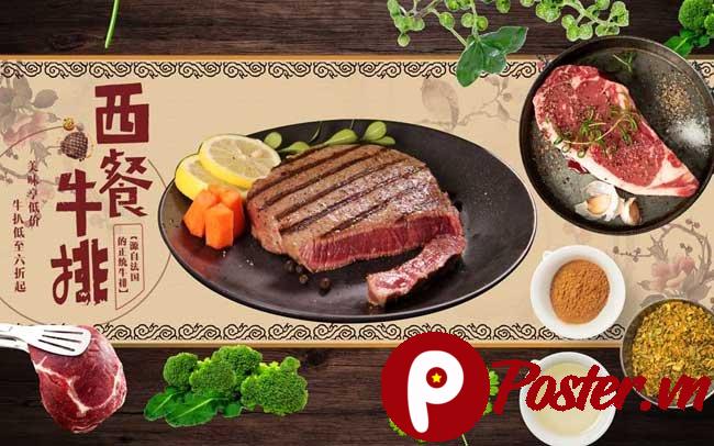 Banner quảng cáo bít tết với phong cách mộc mạc sang trọng trên nền gỗ