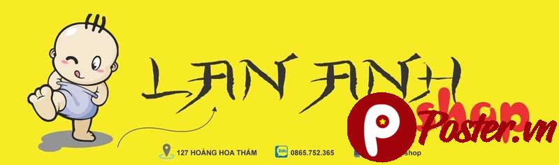 Banner quảng cáo Lan Anh shop mẹ và bé hoạt hình vui nhộn với em bé đáng yêu và màu vàng tươi sáng