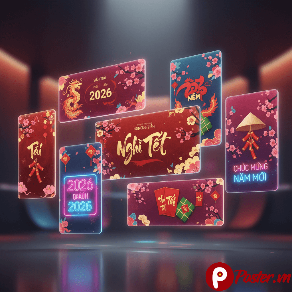 Mẫu banner thông báo nghỉ Tết 2026 với hình ảnh hoa mai, hoa đào và chữ chúc mừng năm mới trên nền đỏ vàng rực rỡ, mang không khí Xuân.