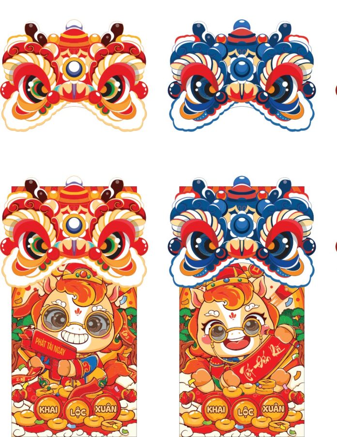 Bộ 4 mẫu bao lì xì lân Tết Nguyên Đán hoạt hình dễ thương, màu đỏ vàng xanh chủ đạo, có đầu lân và nhân vật cầm thỏi vàng, chữ Phát Tài Ngay, Vạn Sự Như Ý, Khai Lộc Xuân.