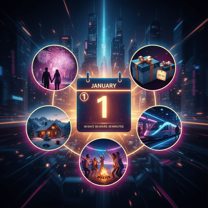 Hình ảnh chào đón Tết Tây 2026 rực rỡ với pháo hoa trên bầu trời đêm các thành phố lớn và gia đình sum vầy