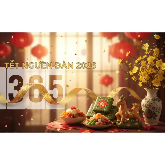 Đồng hồ đếm ngược đến Tết Nguyên Đán 2026 với hình ảnh hoa mai, hoa đào, bánh chưng và pháo hoa, tạo không khí vui tươi, háo hức.