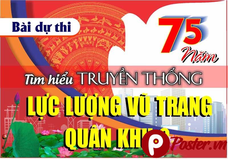 Bia Truyền Thống Quân Đội Lực Lượng Vũ Trang kỷ niệm 75 Năm với hình ảnh trống đồng, hoa sen và phông nền đô thị hiện đại, màu đỏ vàng chủ đạo.