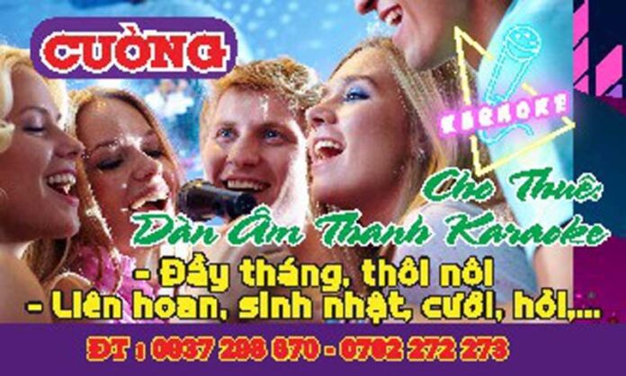 Biển quảng cáo dịch vụ cho thuê dàn âm thanh karaoke Cường với hình ảnh người vui hát, chữ KARAOKE neon và thông tin liên hệ.