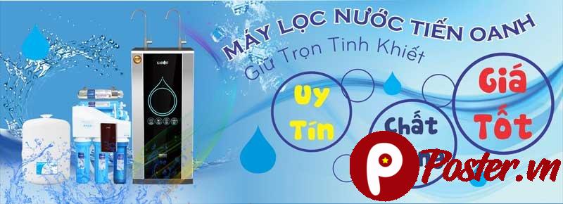 Biển quảng cáo kỹ thuật số máy lọc nước Karofi của cửa hàng Tiến Oanh, thiết kế màu xanh tươi mát với giọt nước và sóng.