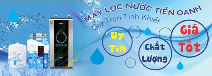 Biển bảng quảng cáo máy lọc nước Tiến Oanh với thiết kế hiện đại, tông màu xanh chủ đạo, hình ảnh máy lọc và lõi lọc, cùng các thông điệp 'Uy Tín, Chất Lượng, Giá Tốt'.