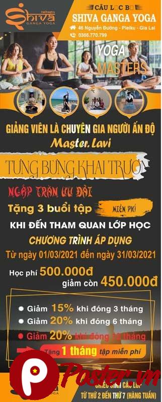Biển bảng quảng cáo dọc phòng tập Shiva Ganga Yoga Fitness màu cam xám với hình ảnh người tập yoga, thông tin ưu đãi khai trương và giảng viên Ấn Độ.