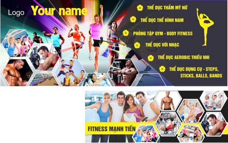 Biển bảng phòng tập Yoga Fitness hiện đại, năng động với hình ảnh người tập đa dạng và màu sắc rực rỡ