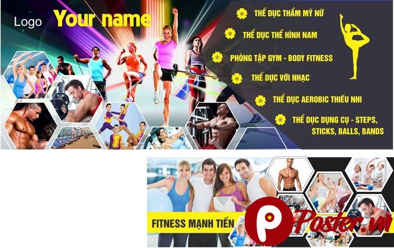 Biển bảng phòng tập Yoga Fitness hiện đại, năng động với hình ảnh người tập đa dạng và màu sắc rực rỡ