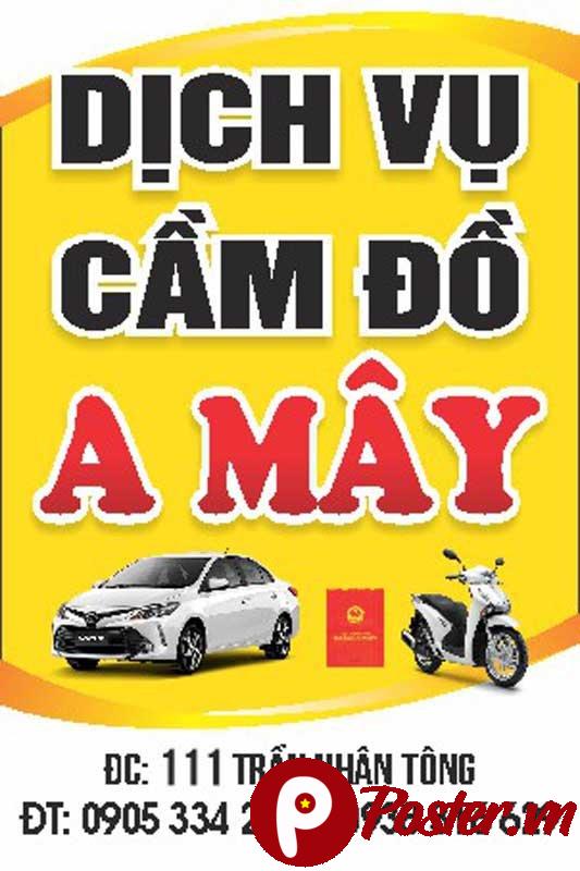 Biển quảng cáo dịch vụ cầm đồ A Mây màu vàng nổi bật với ô tô xe máy