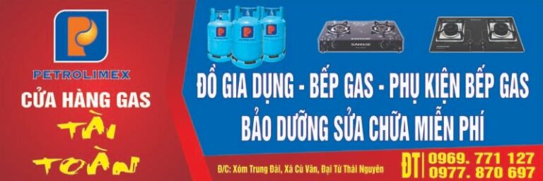 Mẫu biển quảng cáo cửa hàng gas Petrolimex Tài Toàn thiết kế chia đôi nền đỏ và xanh, hiển thị logo Petrolimex, bình gas, bếp gas và thông tin liên hệ.