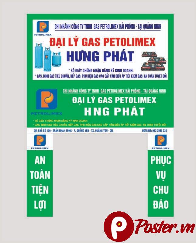 Mẫu biển quảng cáo Gas Petrolimex Hưng Phát màu xanh lá, đỏ, với hình ảnh bình gas và bếp ga, thông tin liên hệ rõ ràng.