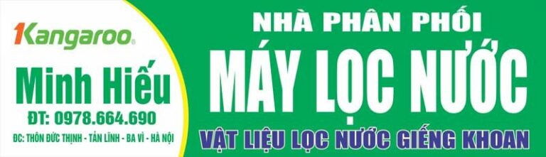 Biển quảng cáo máy lọc nước Kangaroo Minh Hiếu với tông xanh lá, trắng, cam nổi bật, bố cục rõ ràng