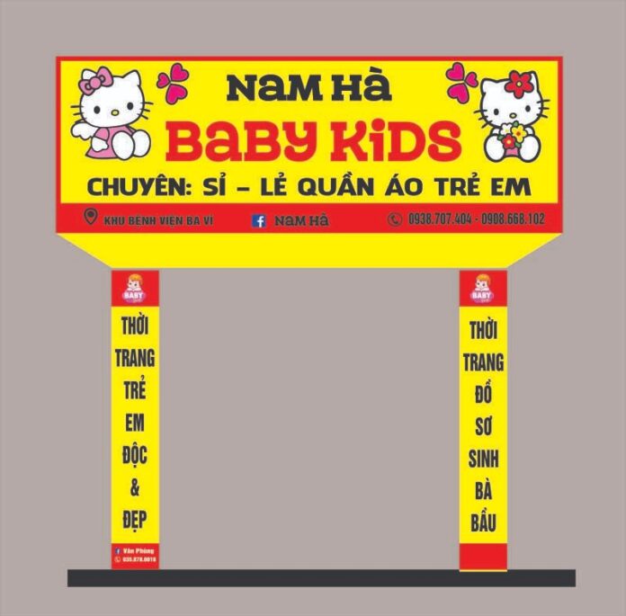 Thiết kế biển quảng cáo cửa hàng mẹ và bé Nam Hà Baby Kids với Hello Kitty