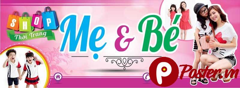 Mẫu biển quảng cáo cửa hàng Mẹ & Bé vector CDR với hình ảnh mẹ và bé hạnh phúc, túi mua sắm thời trang và chữ 'Mẹ & Bé' nổi bật.