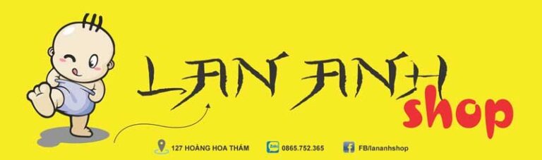 Mẫu biển quảng cáo cửa hàng mẹ và bé Lan Anh shop phong cách hoạt hình vui nhộn với em bé và màu vàng tươi sáng.