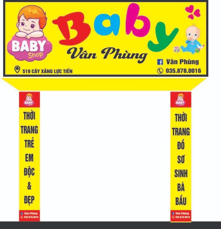 Biển hiệu quảng cáo cửa hàng mẹ và bé Vân Phùng, phong cách hoạt hình màu vàng tươi rực rỡ, có hình em bé và thông tin liên hệ.