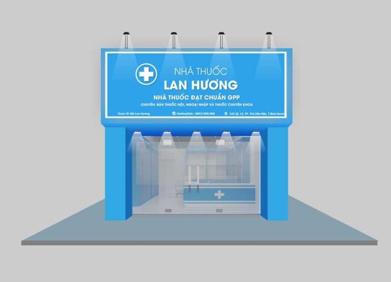 Thiết kế mặt tiền biển quảng cáo nhà thuốc Lan Hương chuẩn GPP, phong cách flat design hiện đại, màu xanh dương và trắng.