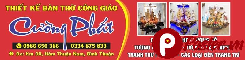 Biển quảng cáo Cường Phát về bàn thờ Công giáo, đồ gỗ mỹ nghệ với màu đỏ, vàng chủ đạo.