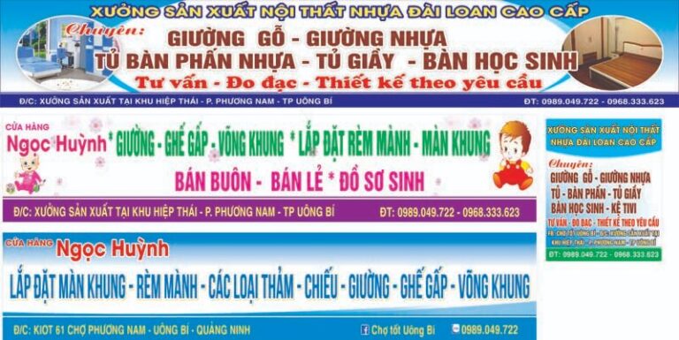 Mẫu biển quảng cáo cửa hàng nội thất và ngoại thất dạng vector CDR với tông xanh dương trắng, chuyên nghiệp, hiển thị sản phẩm giường, tủ, bàn học và thông tin liên hệ.