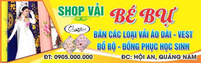 Mẫu biển quảng cáo cửa hàng vải Bé Bụ rực rỡ, cô gái áo dài, vải áo dài, vest, đồng phục, Hội An