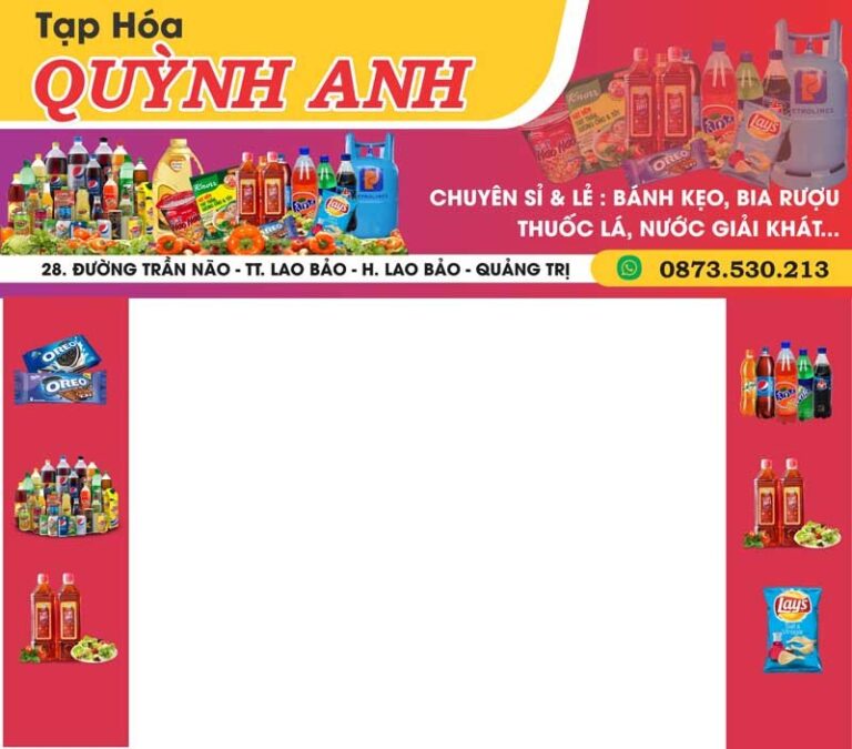 Biển quảng cáo tiệm tạp hóa Quỳnh Anh với nền vàng hồng và nhiều sản phẩm đa dạng