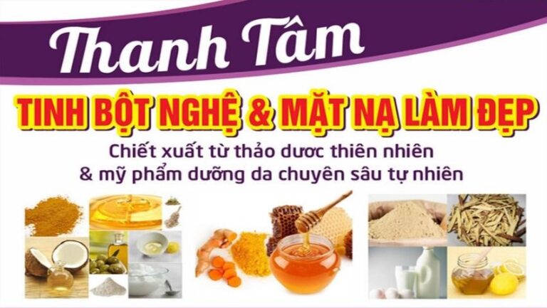Biển quảng cáo Tinh Bột Nghệ Thanh Tâm với các thành phần tự nhiên như nghệ, mật ong, dừa và oliu, nền trắng, chữ vàng tím nổi bật.