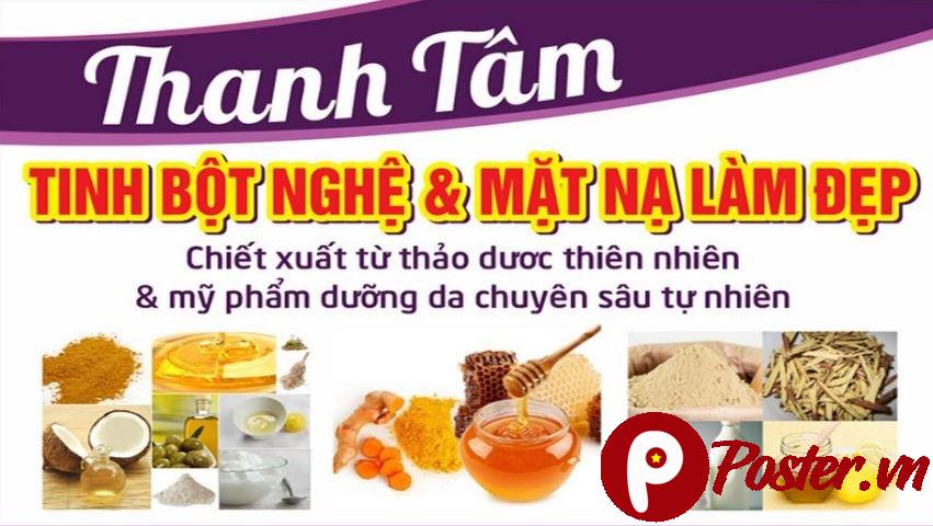 Biển quảng cáo Tinh Bột Nghệ Thanh Tâm với các thành phần tự nhiên như nghệ, mật ong, dừa và oliu, nền trắng, chữ vàng tím nổi bật.