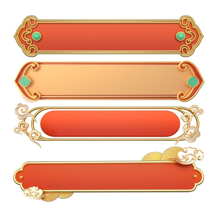 Biểu ngữ cổ điển phong cách Á Đông màu đỏ vàng sang trọng với họa tiết vân mây và hiệu ứng 3D