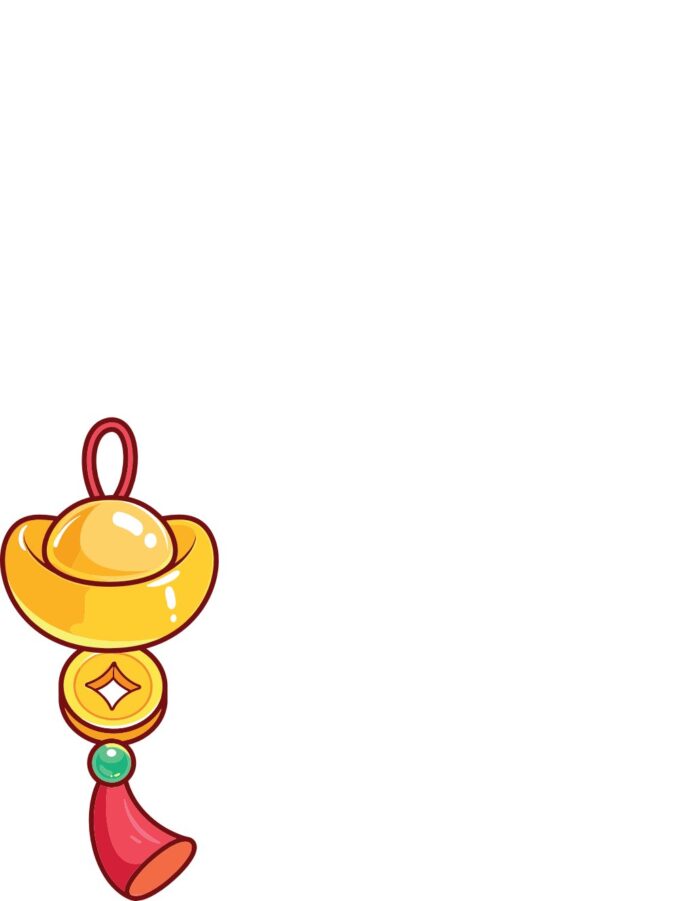 Móc treo trang trí biểu tượng may mắn Tết, thỏi vàng, đồng xu cổ, tua rua đỏ định dạng vector EPS trên nền trắng.