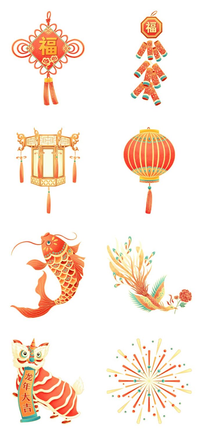 Bộ biểu tượng Tết Nguyên Đán Giáp Thìn 2024 phong cách vector, bao gồm cá chép, lân, pháo hoa, đèn lồng và chữ Phúc.