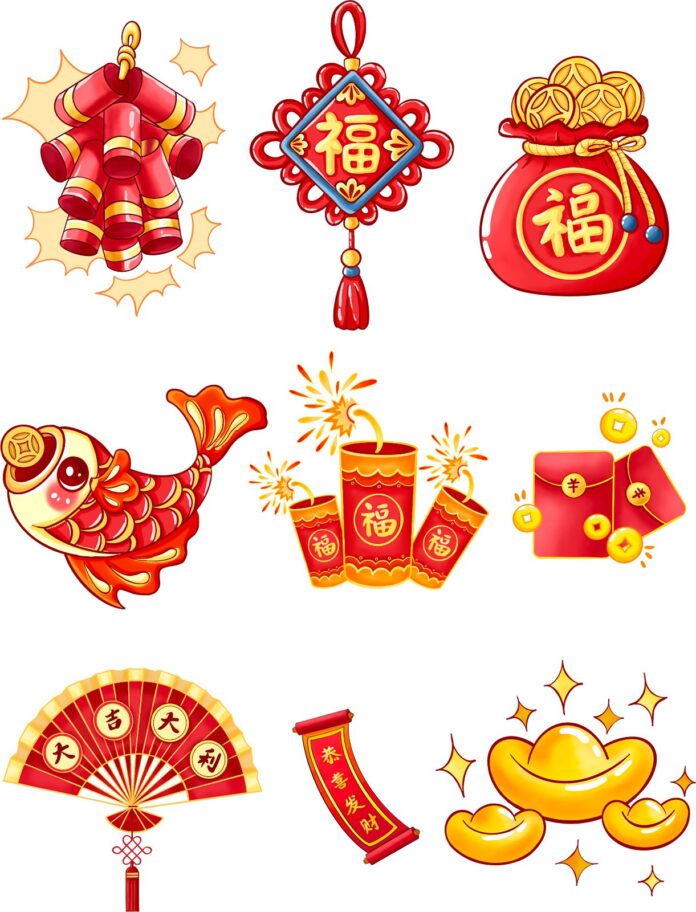 Bộ sưu tập 9 icon Tết Nguyên Đán phong cách hoạt hình, bao gồm pháo, nút thắt, túi tiền, cá chép, pháo hoa, lì xì, quạt giấy, câu đối 'Cung Hỉ Phát Tài' và thỏi vàng, với màu đỏ và vàng chủ đạo trên nền trắng.