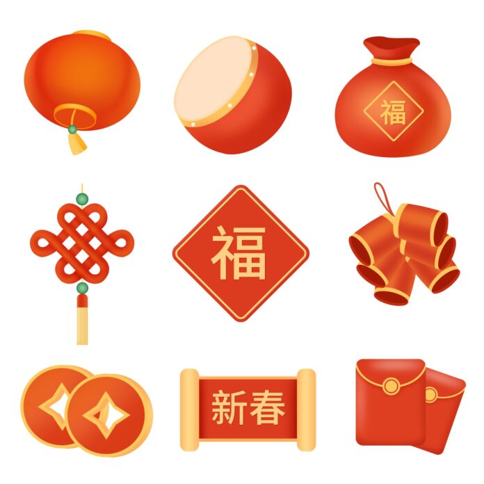 Bộ sưu tập icon Tết Nguyên Đán với đèn lồng, bao lì xì, chữ Phúc, pháo, trống và đồng xu trên nền trắng, phong cách vector phẳng chuyển sắc.