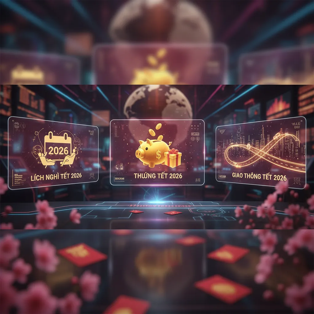 Hình ảnh minh họa cập nhật Tết 2026 với biểu tượng truyền thống, hoa mai, hoa đào, và thông tin về giao thông, giá cả, thời tiết để chuẩn bị đón Xuân.
