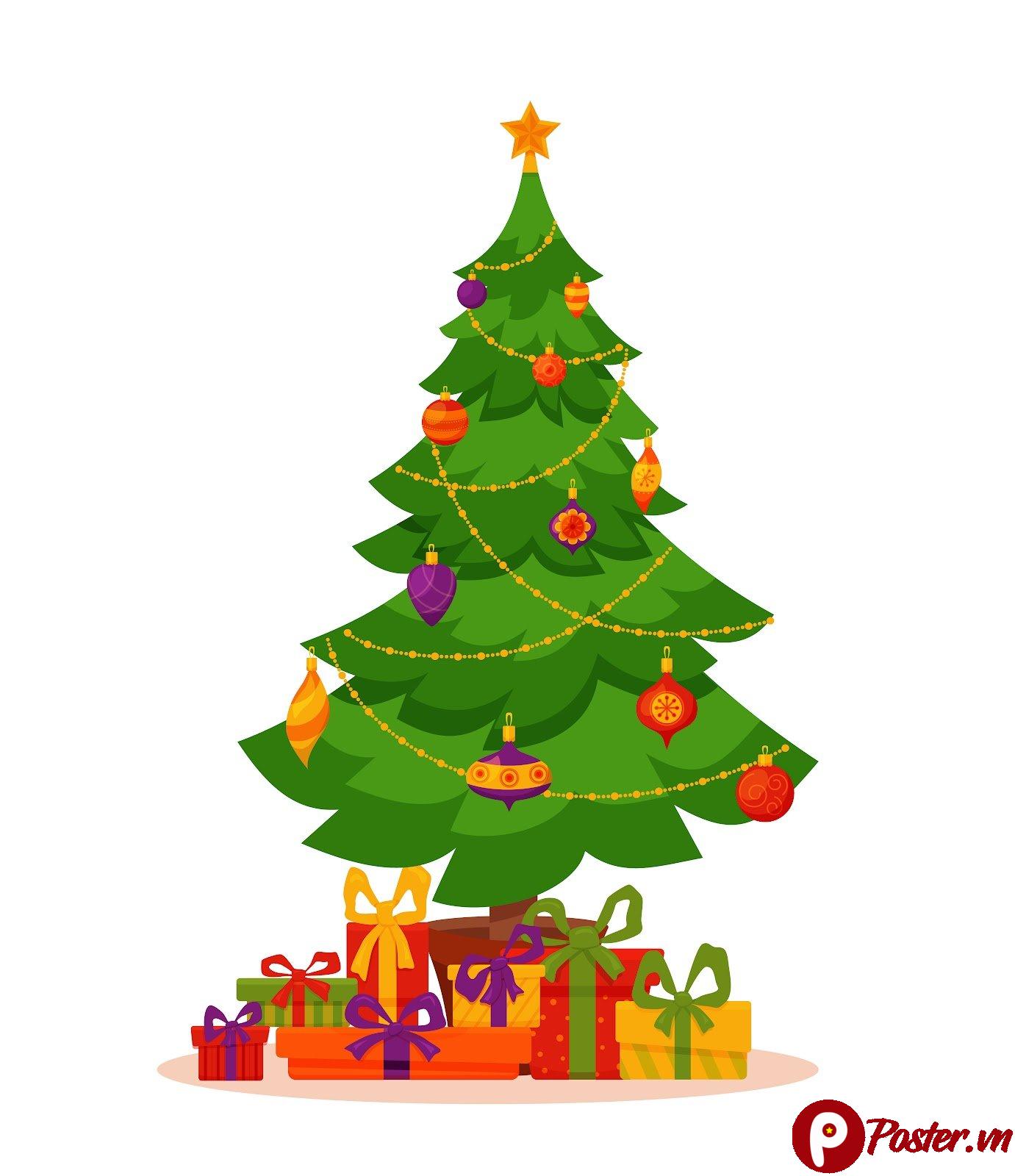 Cây thông Noel vector phong cách flat design với hộp quà, trang trí Giáng Sinh rực rỡ