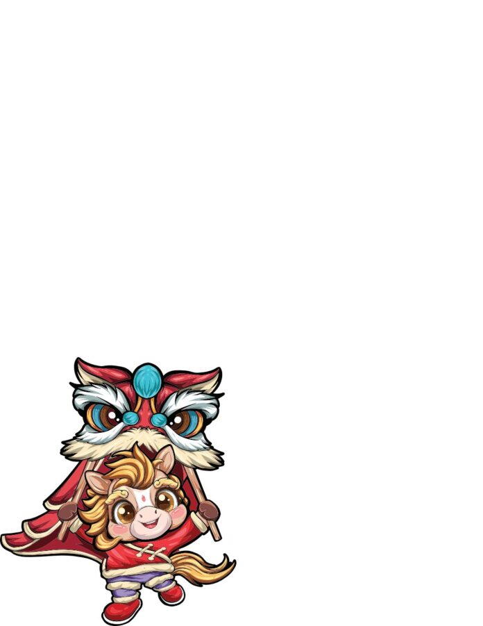 Vector Chibi Ngựa Múa Lân đáng yêu, biểu tượng Tết Nguyên Đán, màu đỏ vàng tươi sáng, mắt to tròn, phong cách hoạt hình vui nhộn và lễ hội.