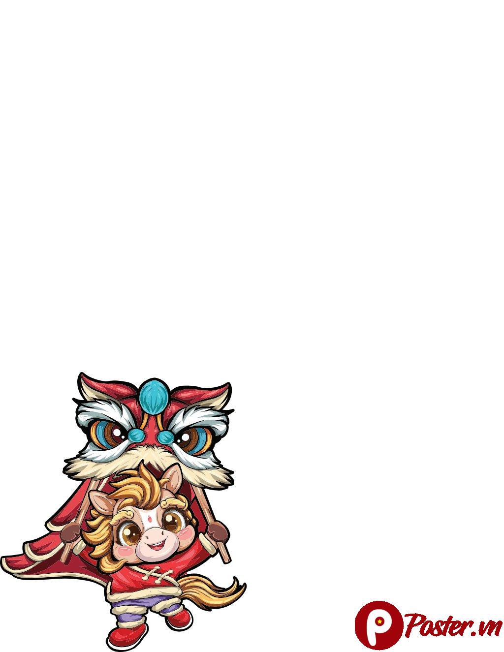 Vector Chibi Ngựa Múa Lân đáng yêu, biểu tượng Tết Nguyên Đán, màu đỏ vàng tươi sáng, mắt to tròn, phong cách hoạt hình vui nhộn và lễ hội.