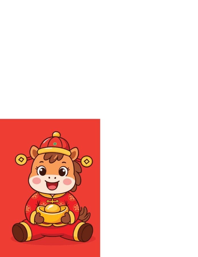 Chú ngựa chibi hoạt hình dễ thương ôm nén vàng, đội mũ truyền thống màu đỏ, trên nền đỏ. Hình ảnh vector tượng trưng cho tài lộc và may mắn, phù hợp cho Tết Nguyên Đán.