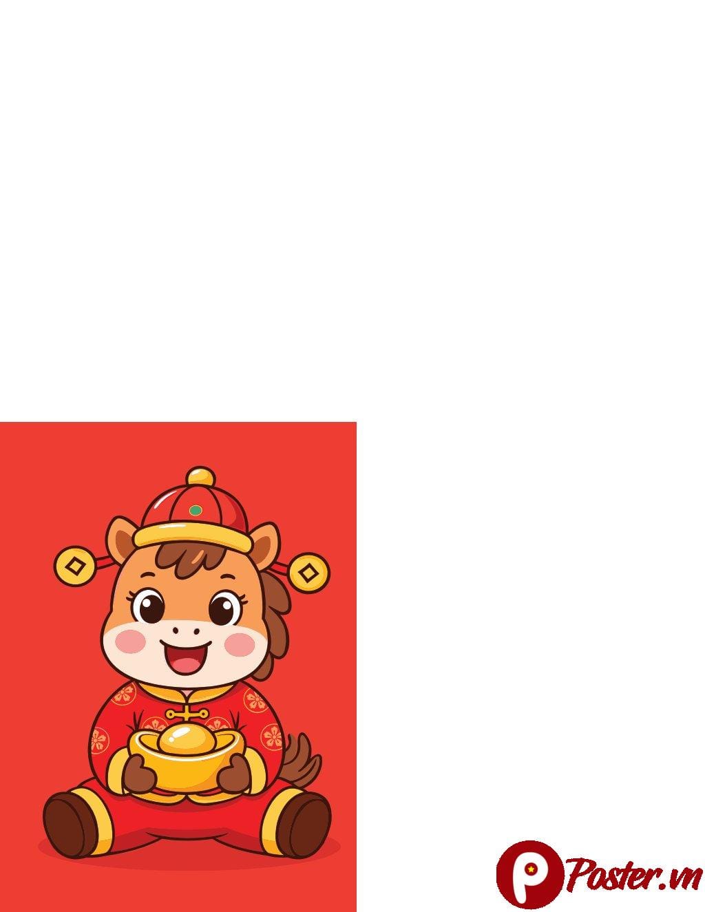 Chú ngựa chibi hoạt hình dễ thương ôm nén vàng, đội mũ truyền thống màu đỏ, trên nền đỏ. Hình ảnh vector tượng trưng cho tài lộc và may mắn, phù hợp cho Tết Nguyên Đán.