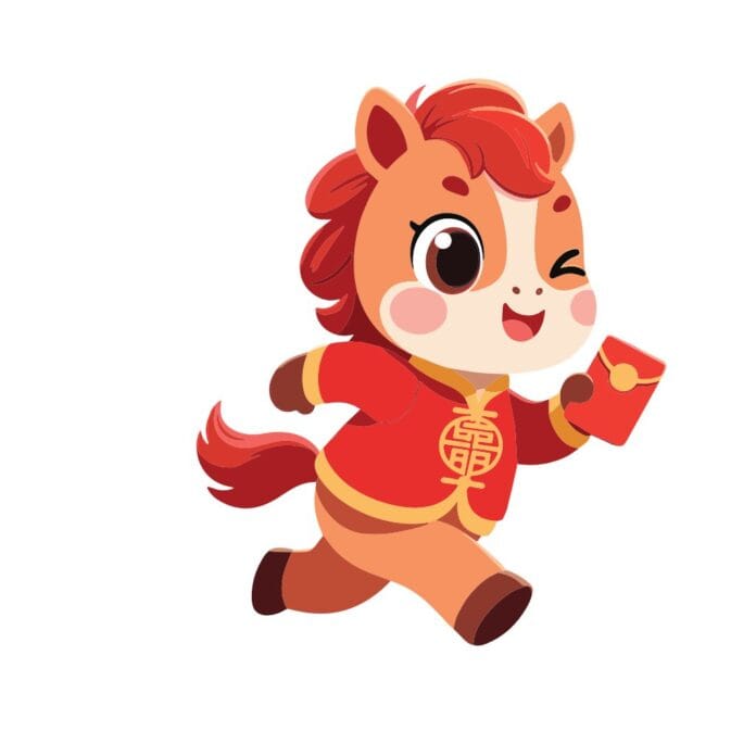 Chú ngựa hoạt hình dễ thương mặc áo dài cầm lì xì vector AI, biểu tượng Tết may mắn và chữ Phúc