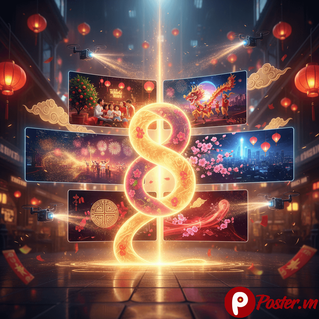 Một gia đình Việt Nam đang xem clip chúc Tết 2026 trên màn hình lớn với các hiệu ứng pháo hoa, câu đối đỏ và biểu tượng linh vật năm mới