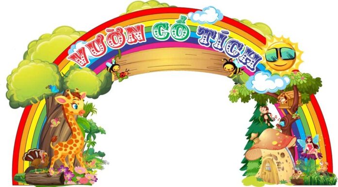 Cổng trường mầm non vector vườn cổ tích