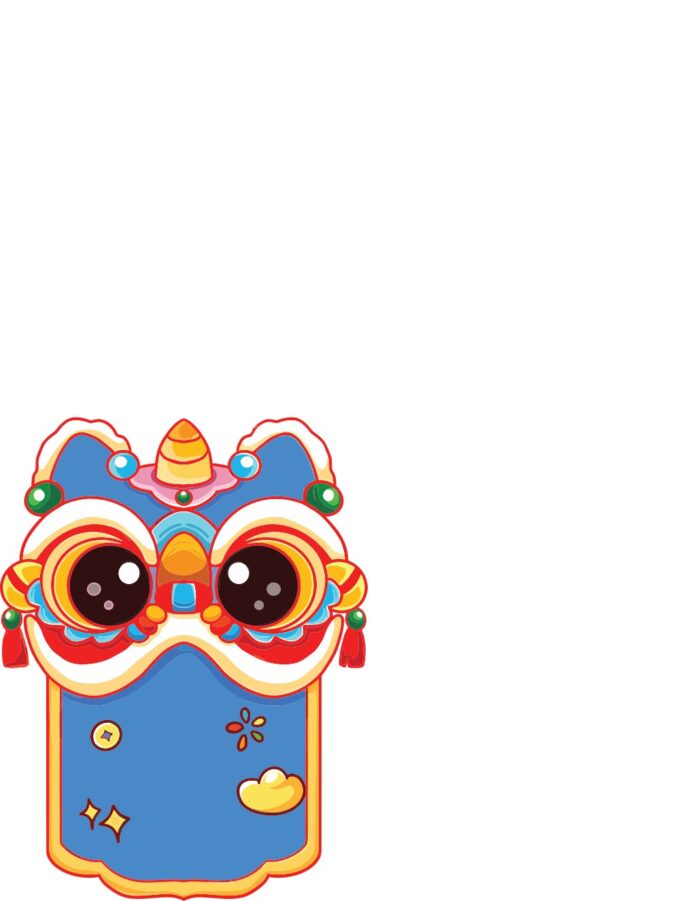 Hình vector đầu lân chibi dễ thương, màu xanh lam chủ đạo với chi tiết đỏ vàng, đôi mắt to tròn ngộ nghĩnh, mang không khí Tết may mắn.