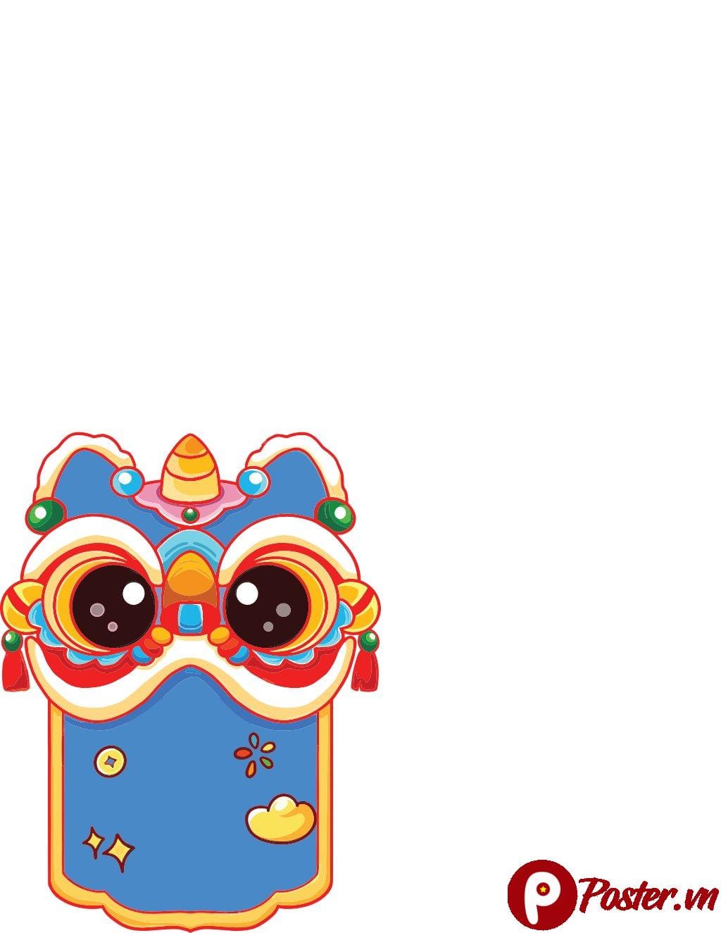 Hình vector đầu lân chibi dễ thương, màu xanh lam chủ đạo với chi tiết đỏ vàng, đôi mắt to tròn ngộ nghĩnh, mang không khí Tết may mắn.