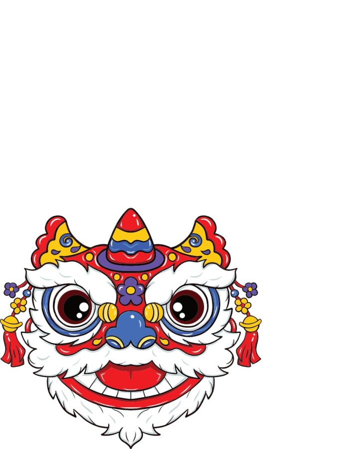Đầu lân hoạt hình vector EPS màu đỏ vàng xanh tím trên nền trắng, chi tiết râu trắng, miệng cười vui tươi