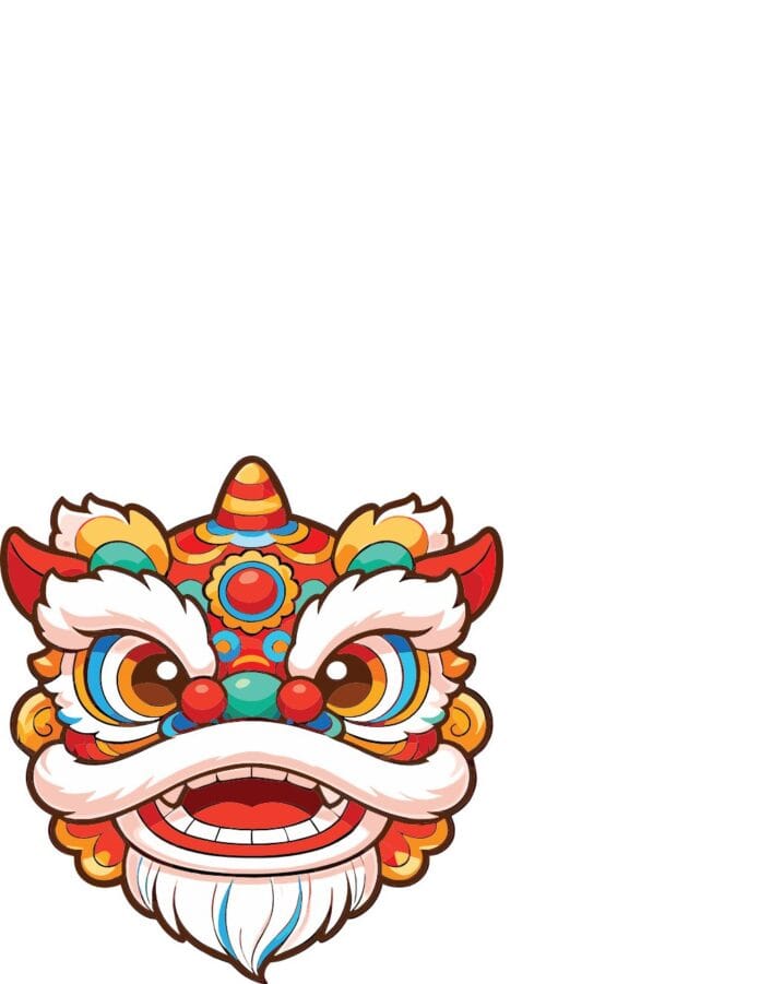 Vector đầu lân hoạt hình phong cách múa lân sư rồng, màu đỏ vàng xanh trắng rực rỡ, thiết kế dễ thương, dùng cho Tết Nguyên Đán và lễ hội.